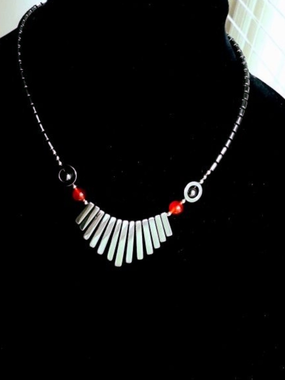 Modern Silver Fan Pendant Necklace with Red Accents